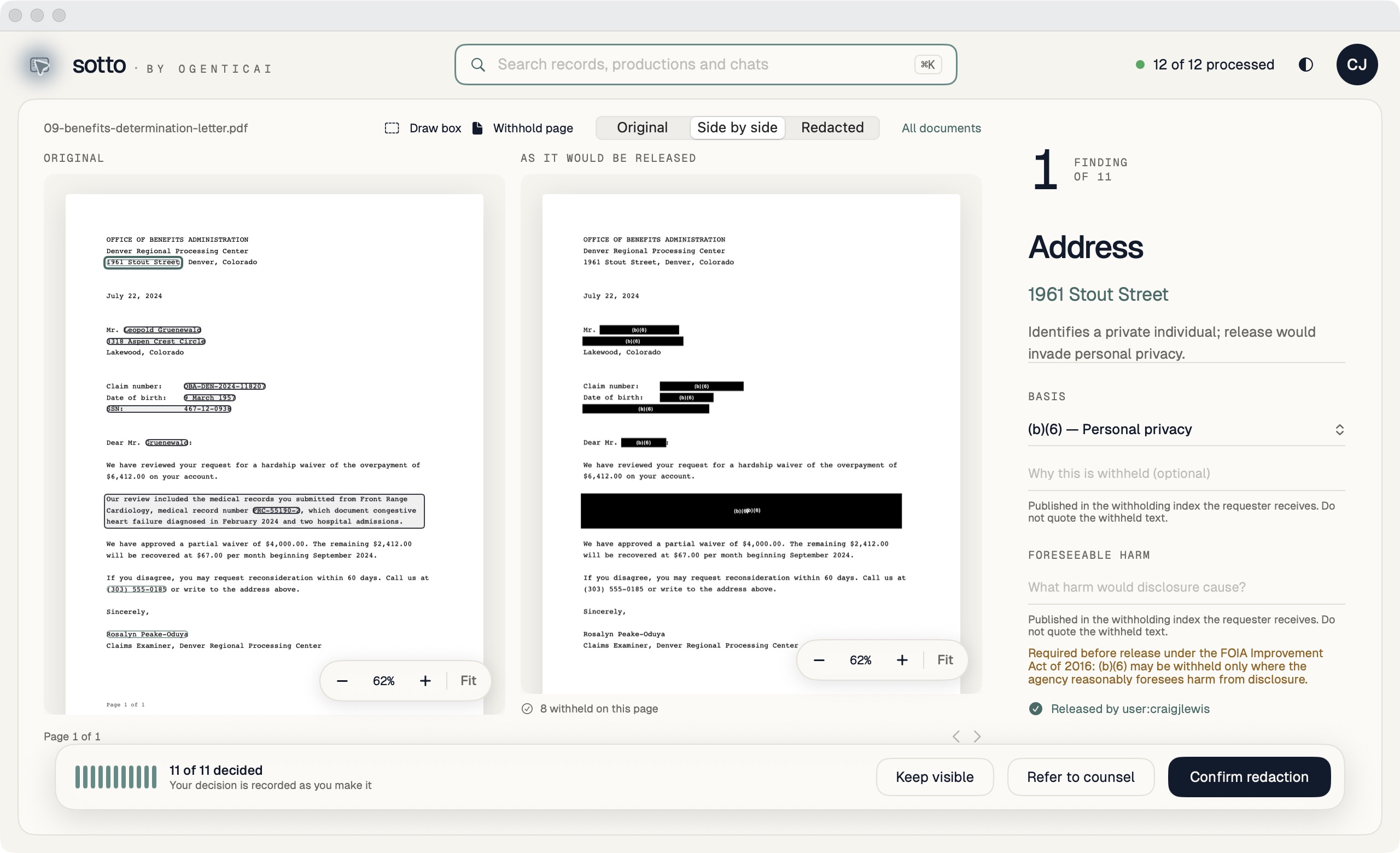 Sotto showing an original record beside its redacted preview, with human review decisions.