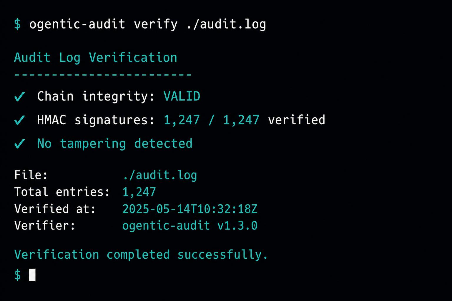 ogentic-audit CLI verifying audit log integrity
