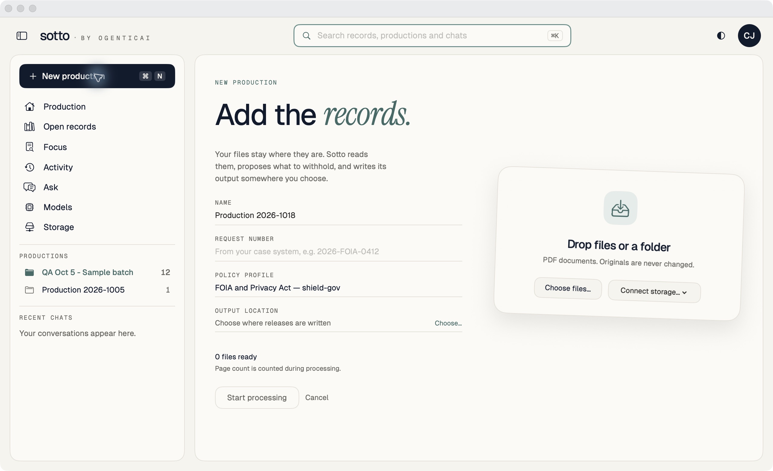 Sotto Add the records screen with a production name, request reference, profile selector, PDF drop area, and output location.
